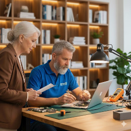 PC-Techniker repariert Notebook, eine &auml;ltere Dame sieht zu