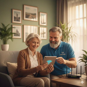 Techhniker hilft &auml;terer Dame bei ihren Netzwerk-Problemen