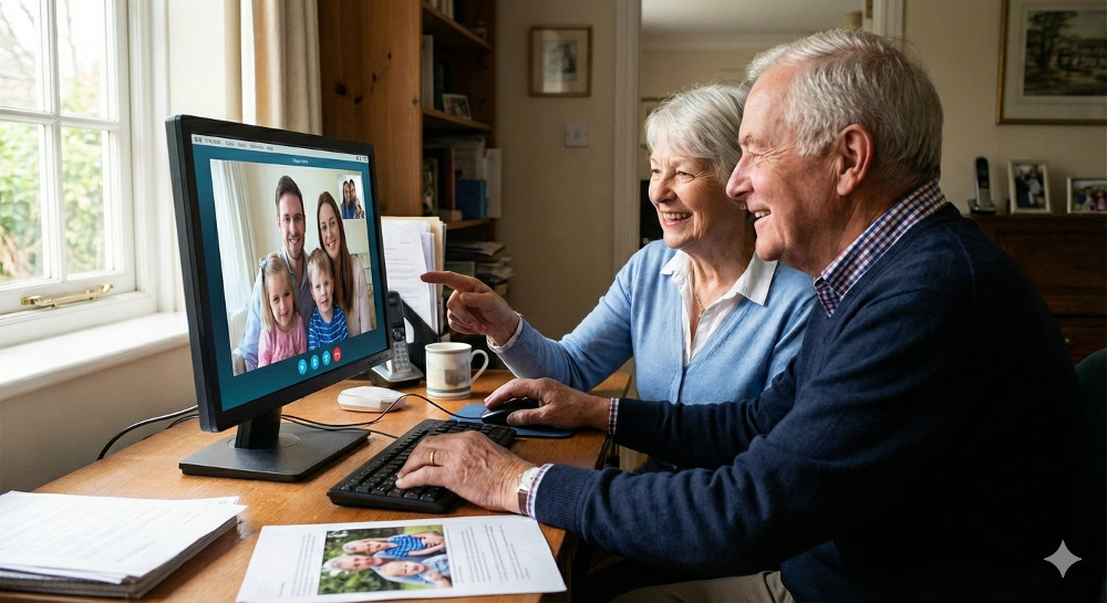 Ein &auml;lteres Paar sitzt vor einem Computer